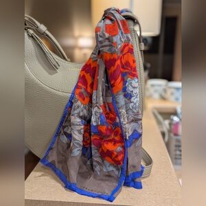 Halston Silk Vintage Scarf Neckerchief 48" Floral Design Violet Purple Grey Red